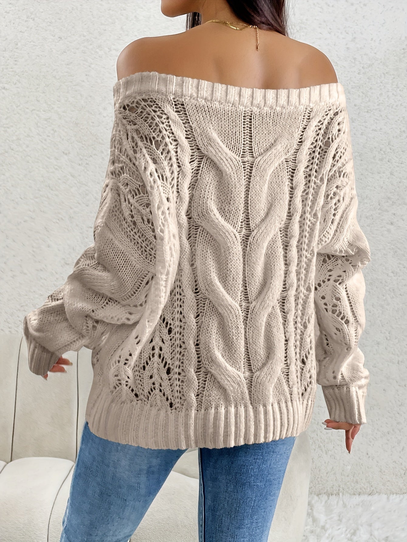 Elegant Off-Shoulder Cable Knit Sweater - Chic Long Sleeve, Loose Fit in Pink, Semi-Sheer Polyester - Perfect for Fall/Winter