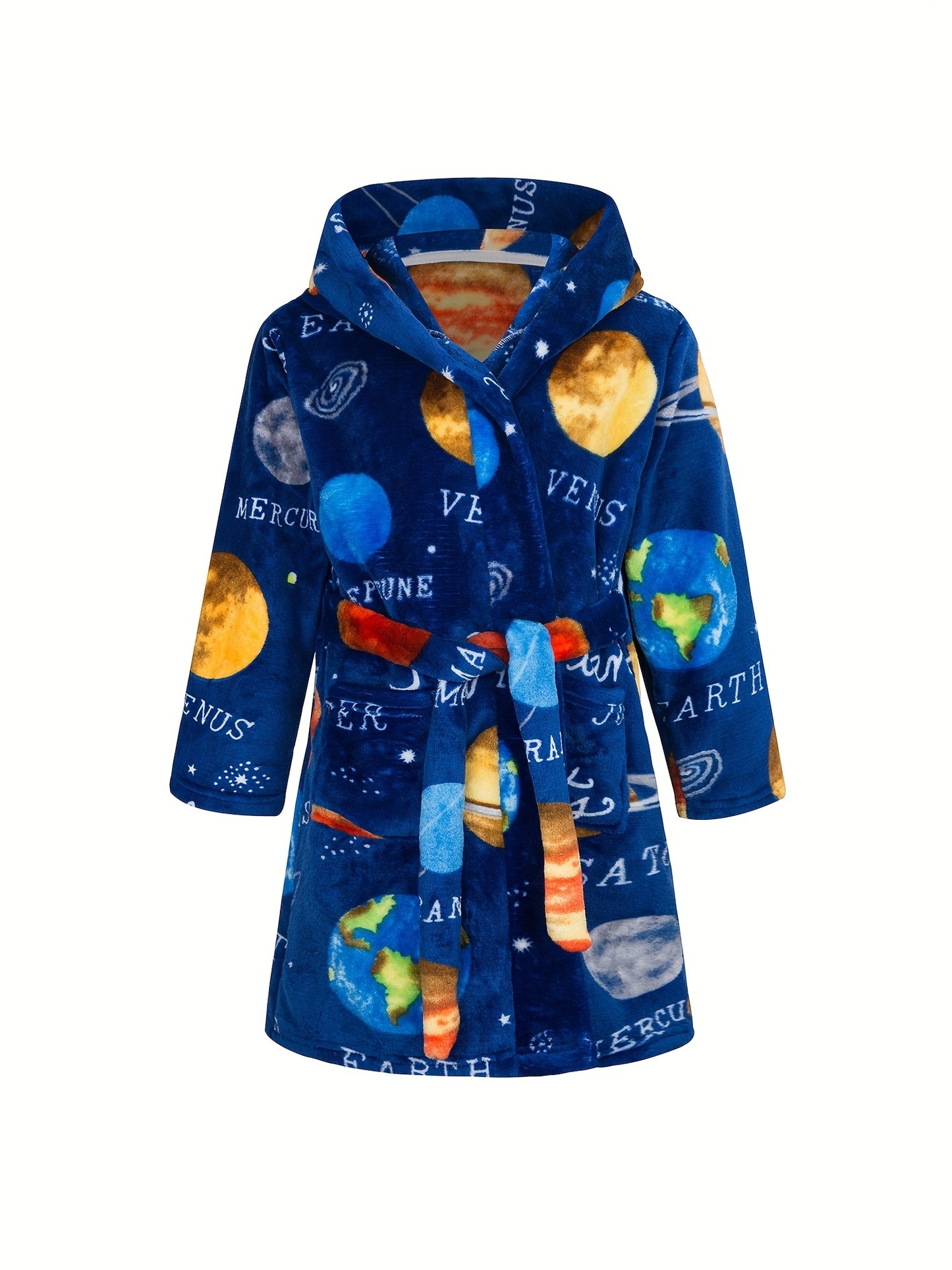 Boys Astronaut Planet Print Flannel Bathrobe, Soft Hoodie Sleepwear for Kids