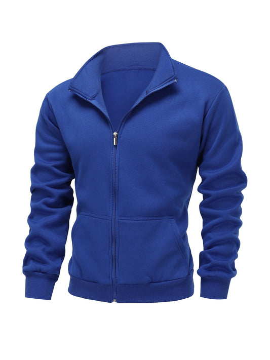 Warm High Neck Jacket, Men's Casual Slant Pocket Zip Up Athletic Jacket For Fall Winter