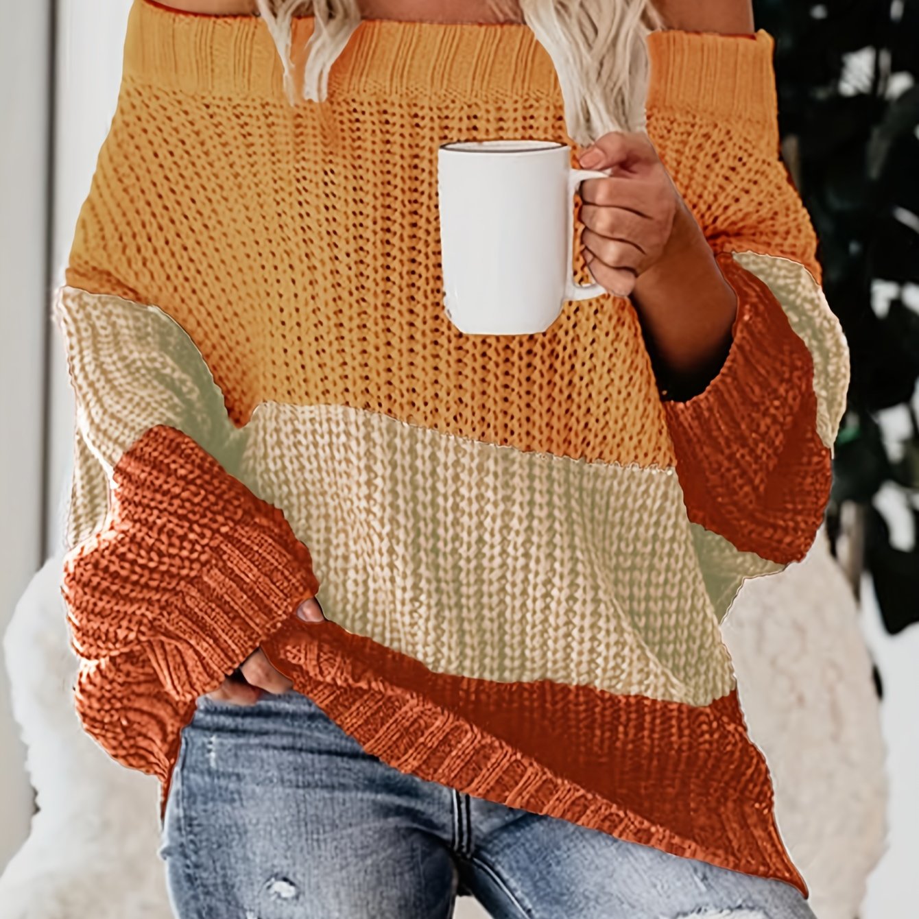 Fall/Winter Chic: Off-Shoulder Color Block Knit Sweater - Casual, Comfy, and Stylish Long Sleeve Top