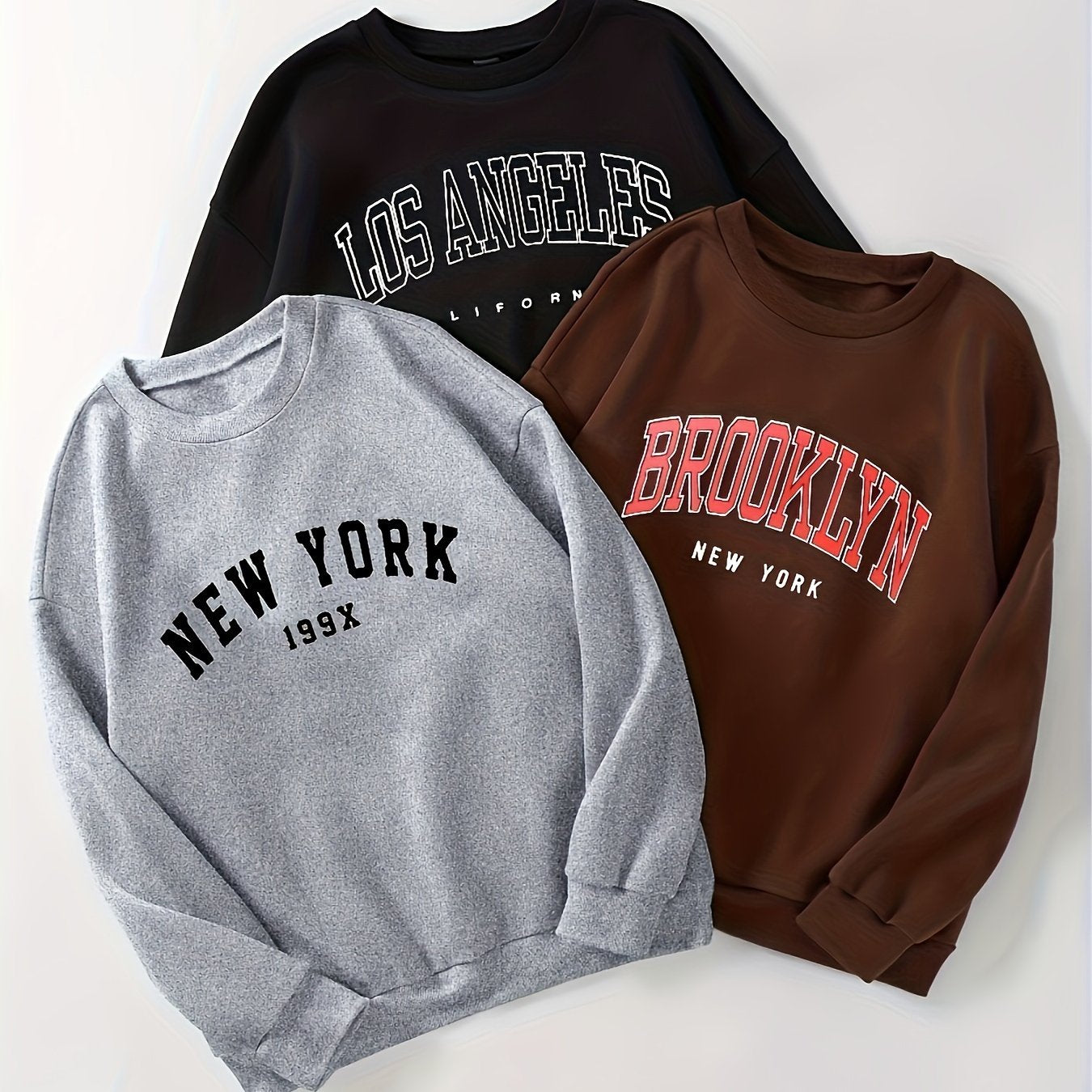 3 Packs Letter Print Pullover Sweatshirt, Casual Long Sleeve Crew Neck Sweatshirt For Fall & Winter, Women's Clothing