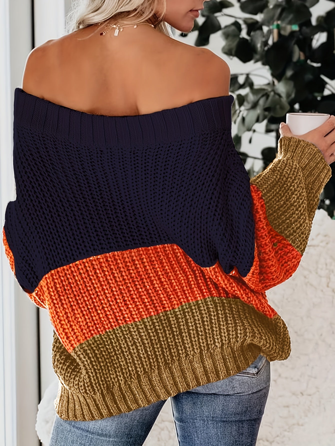 Fall/Winter Chic: Off-Shoulder Color Block Knit Sweater - Casual, Comfy, and Stylish Long Sleeve Top