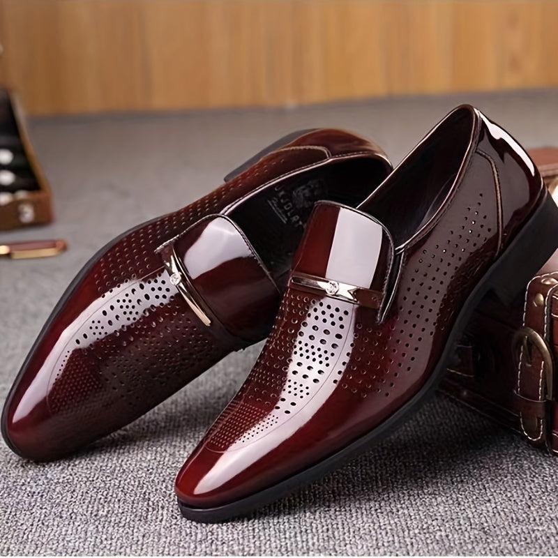 Formal Footwear| Men's Elegant Burgundy Slip-On Dress Shoes - Breathable Hollow Out Design, Comfortable PU Interior, Soft Rubber Sole for Business Meetings & Social Events