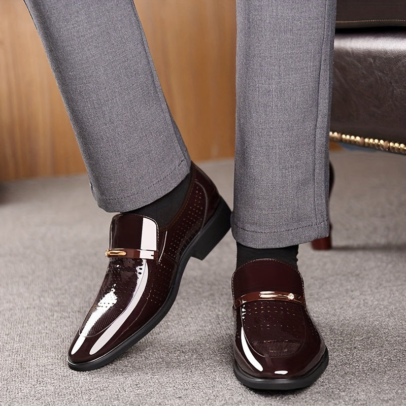 Formal Footwear| Men's Elegant Burgundy Slip-On Dress Shoes - Breathable Hollow Out Design, Comfortable PU Interior, Soft Rubber Sole for Business Meetings & Social Events