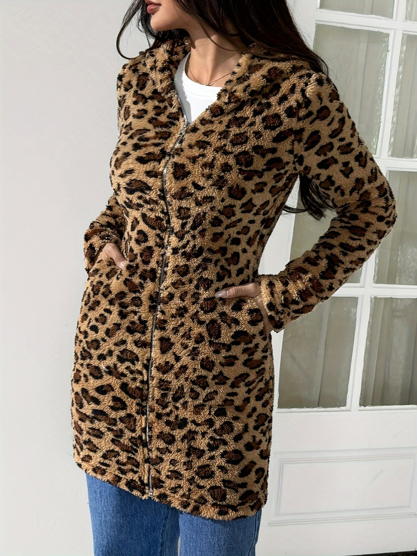 Women'S Casual Leopard Print Zipper Hooded Flannel Coat, Polyester 100% Knit Fabric, Winter Vest for Adult