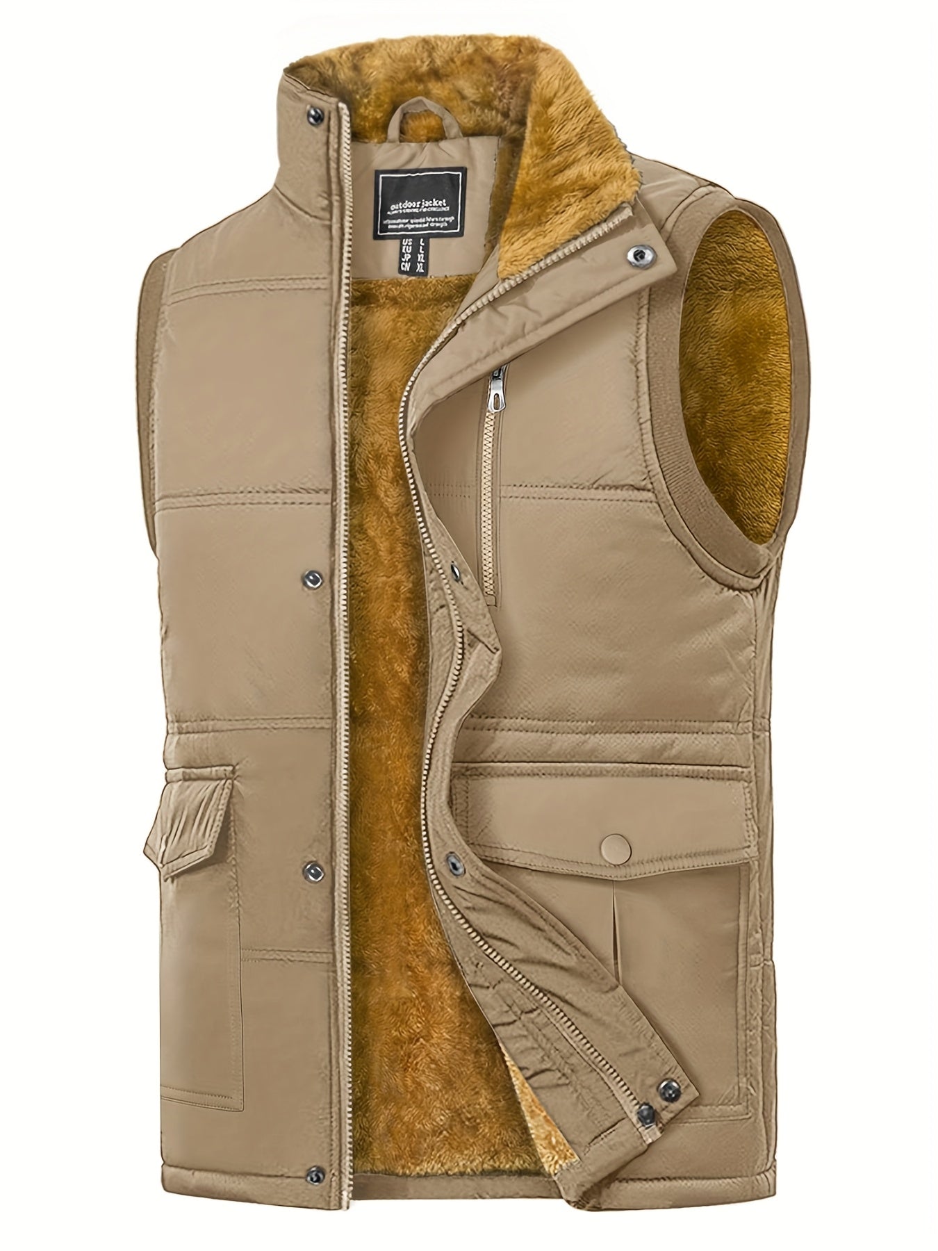 Men'S Windproof Vest with Fleece Lining - Soft, Warm, and, Multiple Pockets, Zippered Chest Pocket, Flap Button Side Pockets, One Inner Pocket, Windbreaker + Stand Collar Design for Outdoor Casual Wear, Winter Vest, H Stand C