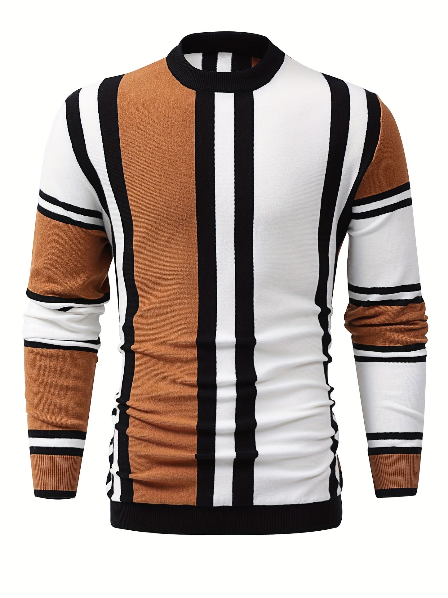 Color Block Design Chic Sweater, Men's Casual Warm High Stretch Crew Neck Pullover Sweater For Fall Winter