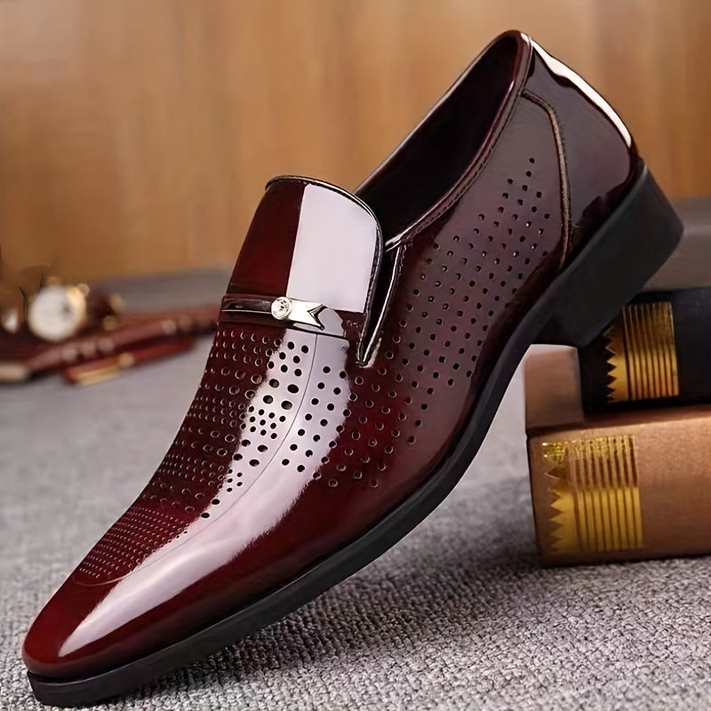 Formal Footwear| Men's Elegant Burgundy Slip-On Dress Shoes - Breathable Hollow Out Design, Comfortable PU Interior, Soft Rubber Sole for Business Meetings & Social Events