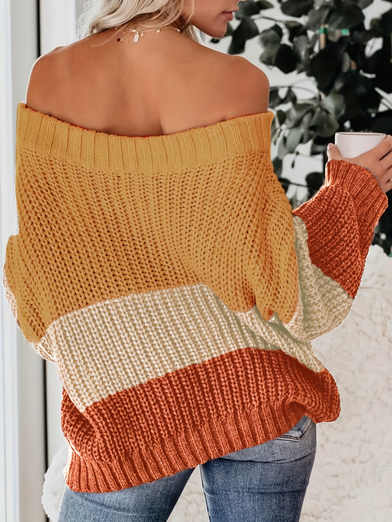 Fall/Winter Chic: Off-Shoulder Color Block Knit Sweater - Casual, Comfy, and Stylish Long Sleeve Top