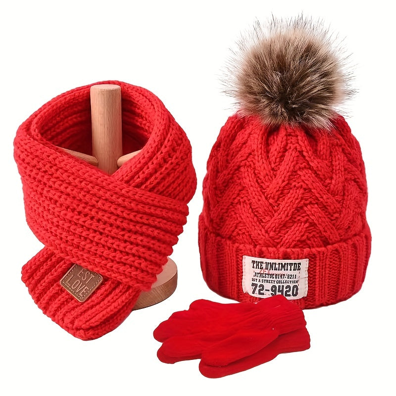 3pcs set of Youngsters's knitted beanie, scarf and gloves with extra fleece for warmth, suitable for autumn and winter seasons