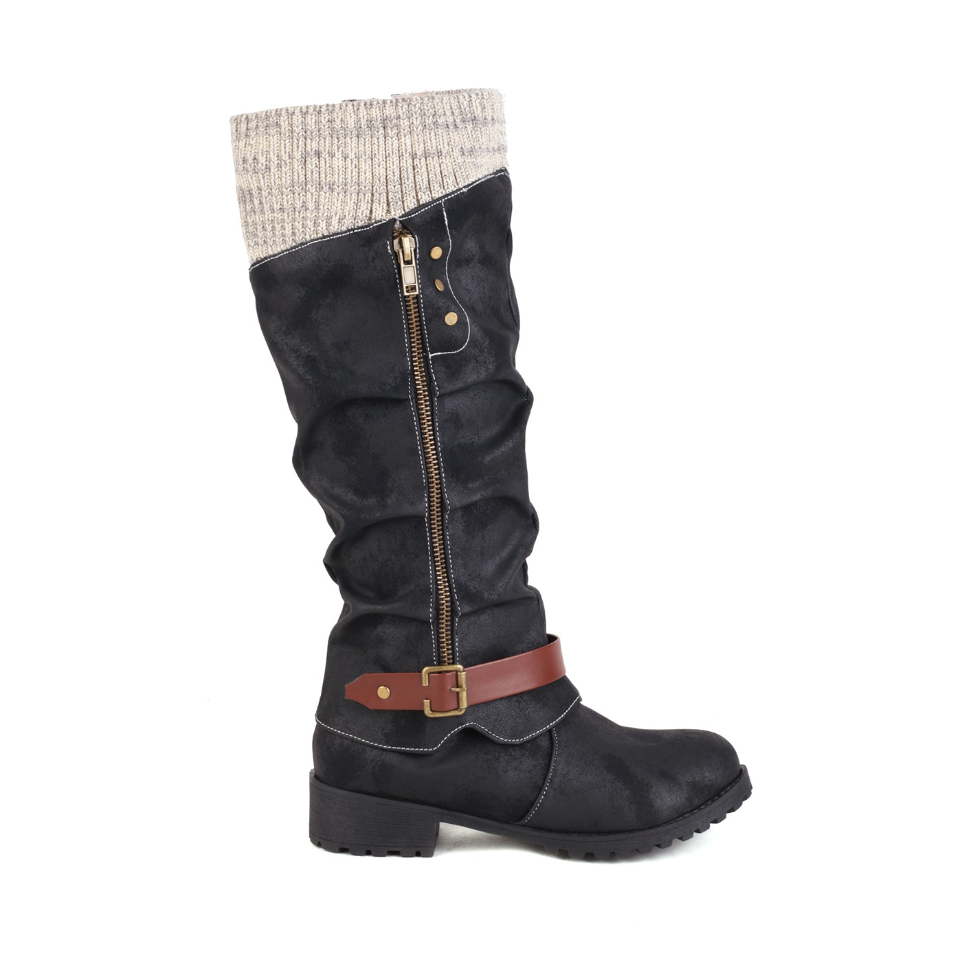 Mid-calf vintage western boots for women; warm, anti-slip, flat, cold-proof long boots in winter.