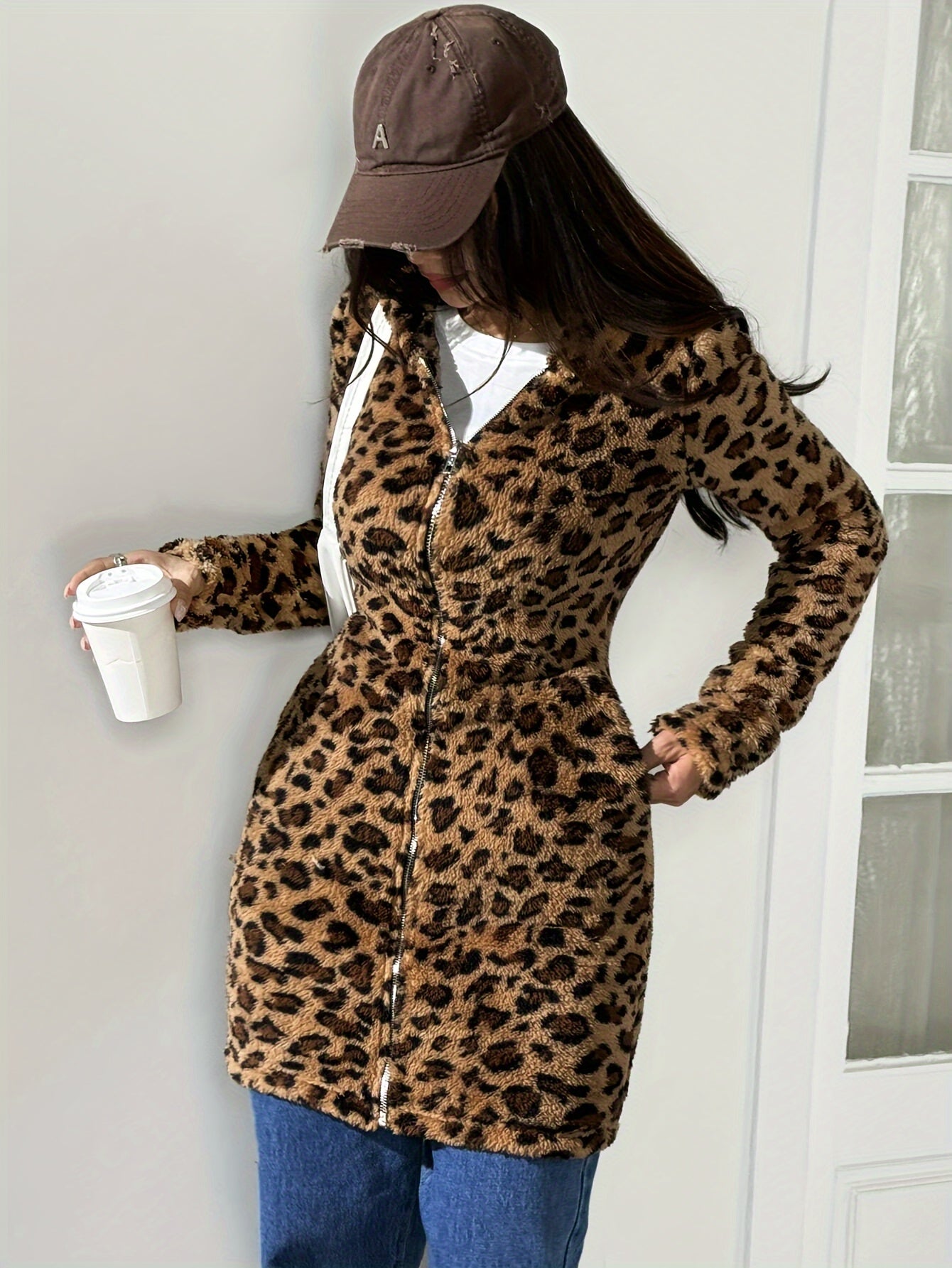 Women'S Casual Leopard Print Zipper Hooded Flannel Coat, Polyester 100% Knit Fabric, Winter Vest for Adult