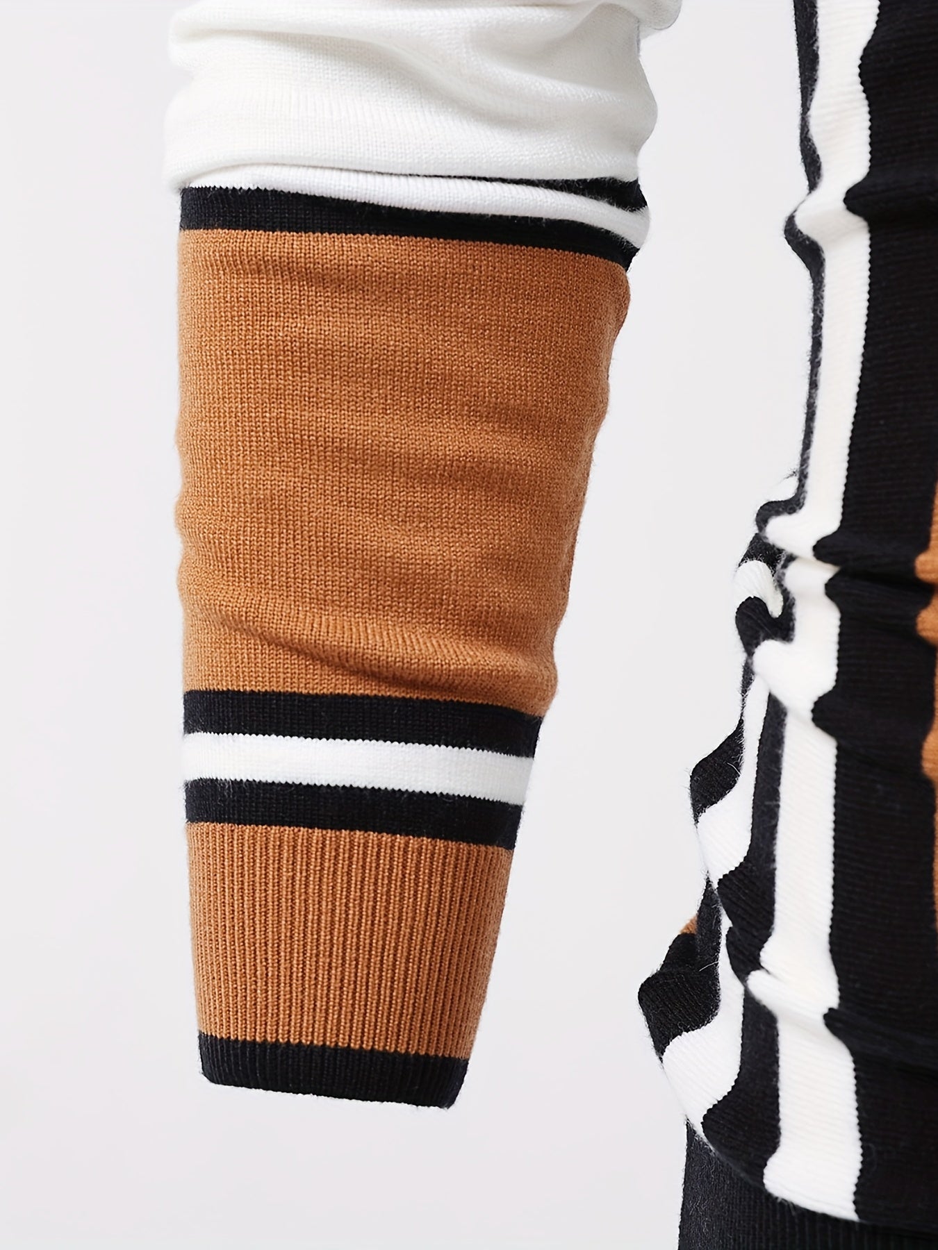 Color Block Design Chic Sweater, Men's Casual Warm High Stretch Crew Neck Pullover Sweater For Fall Winter