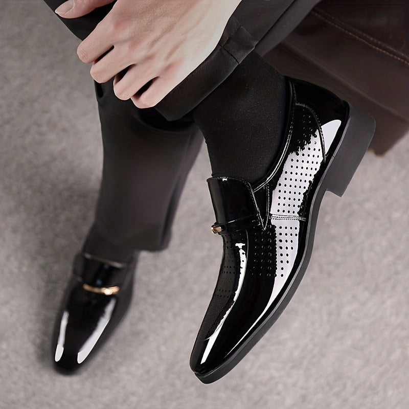 Formal Footwear| Men's Elegant Burgundy Slip-On Dress Shoes - Breathable Hollow Out Design, Comfortable PU Interior, Soft Rubber Sole for Business Meetings & Social Events