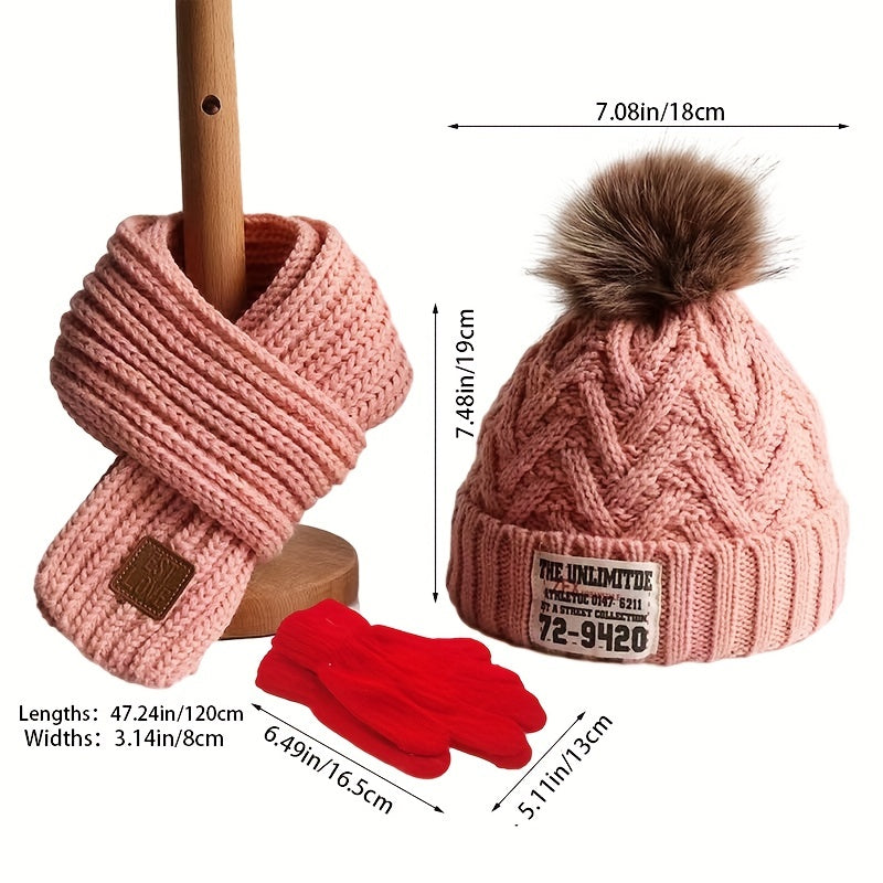 3pcs set of Youngsters's knitted beanie, scarf and gloves with extra fleece for warmth, suitable for autumn and winter seasons