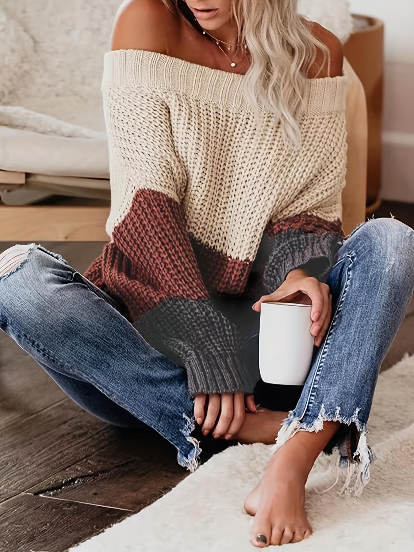 Fall/Winter Chic: Off-Shoulder Color Block Knit Sweater - Casual, Comfy, and Stylish Long Sleeve Top