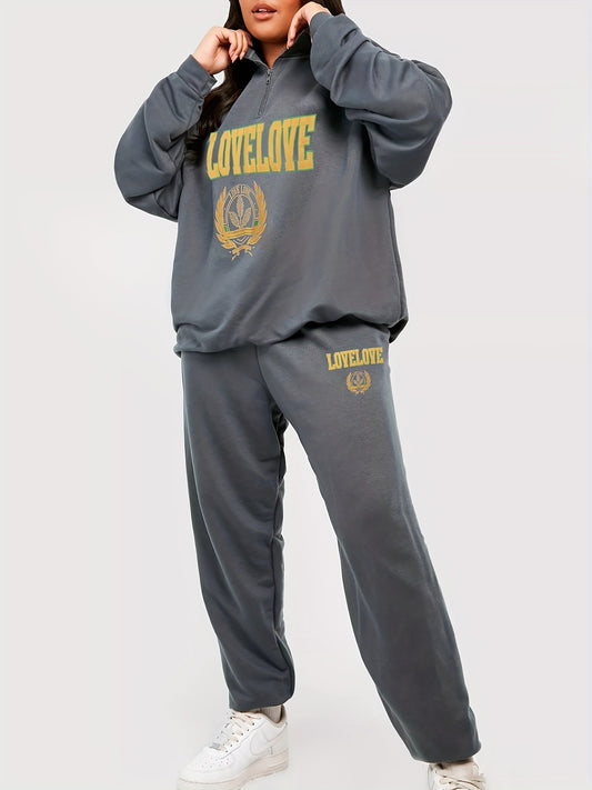 Plus Size Sports Outfits Set, Women's Plus Letter Graphic Long Sleeve Half Zipper Lapel Collar Top & Pants Gym Outfits 2 Piece Set