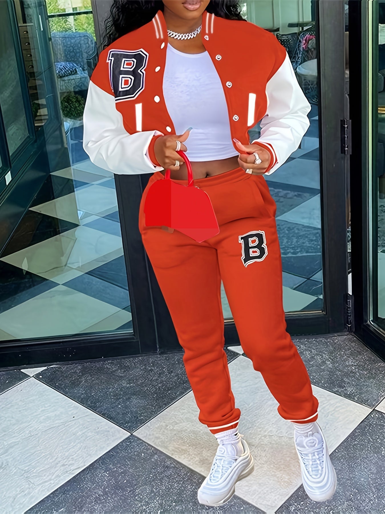 Chic, Women's Casual Letter Print Baseball Jacket and Pants Set - Red and White, Polyester Blend, Machine Washable, Fall/Winter Fashion Ensemble