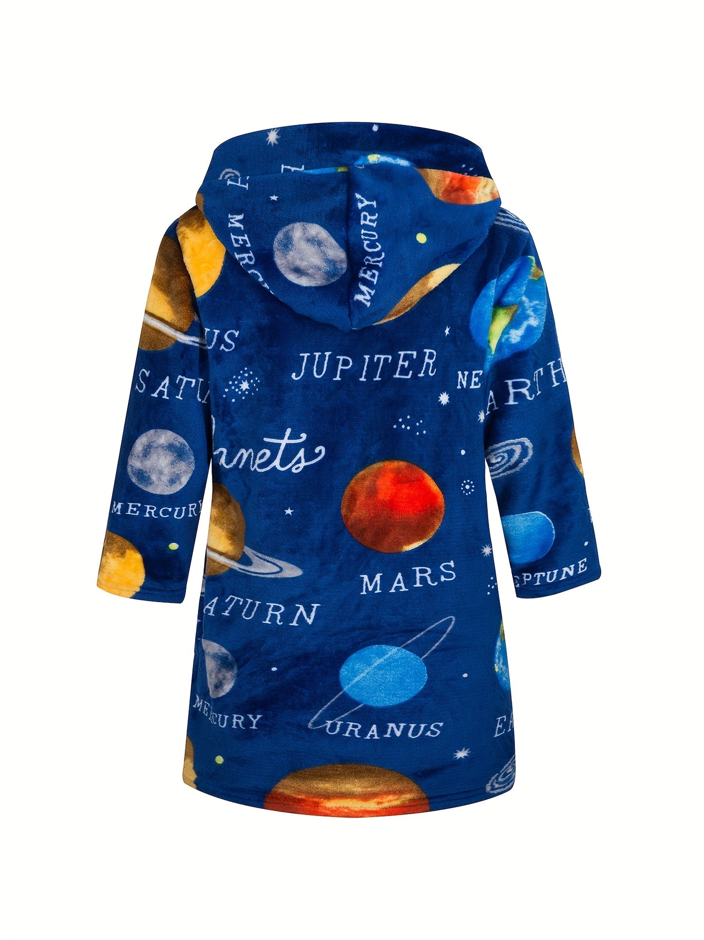 Boys Astronaut Planet Print Flannel Bathrobe, Soft Hoodie Sleepwear for Kids