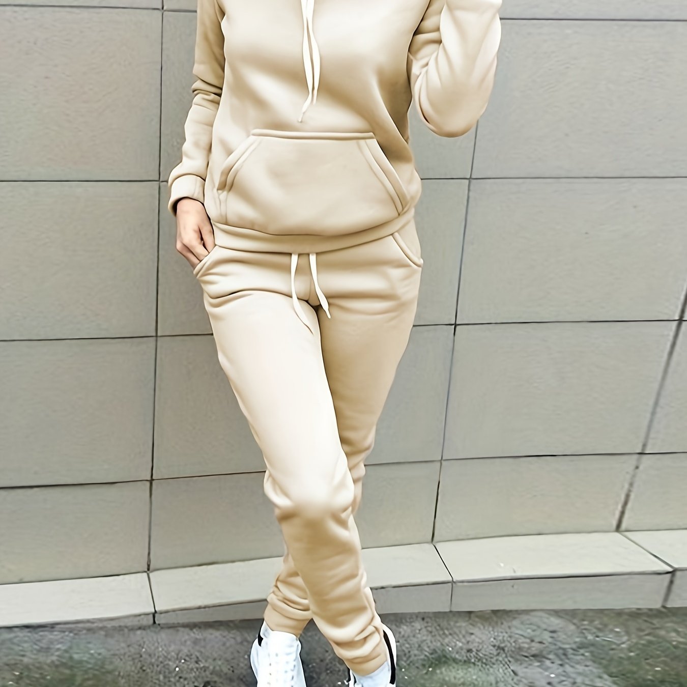 Trendy Solid Womens Two-Piece Set - Comfy Hoodie with Kangaroo Pockets & Drawstring Pants Outfit - Casual, Stylish, Versatile Wardrobe Essential