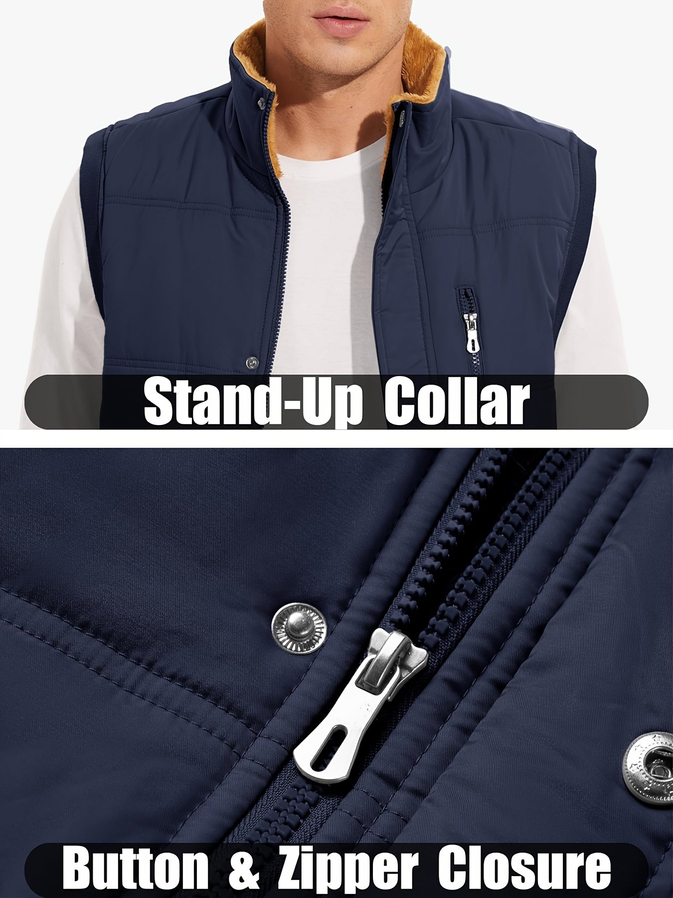 Men'S Windproof Vest with Fleece Lining - Soft, Warm, and, Multiple Pockets, Zippered Chest Pocket, Flap Button Side Pockets, One Inner Pocket, Windbreaker + Stand Collar Design for Outdoor Casual Wear, Winter Vest, H Stand C