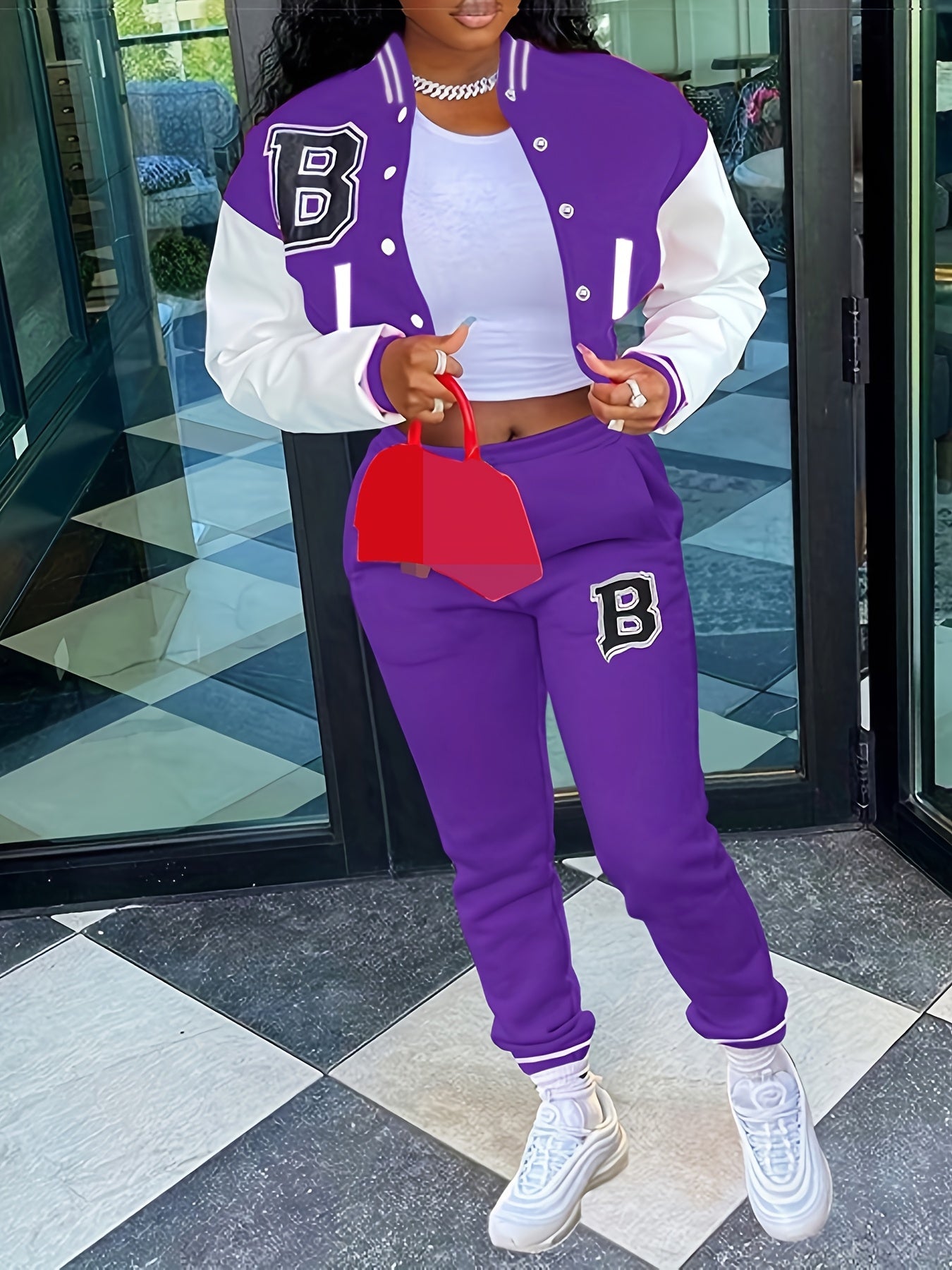 Chic, Women's Casual Letter Print Baseball Jacket and Pants Set - Red and White, Polyester Blend, Machine Washable, Fall/Winter Fashion Ensemble