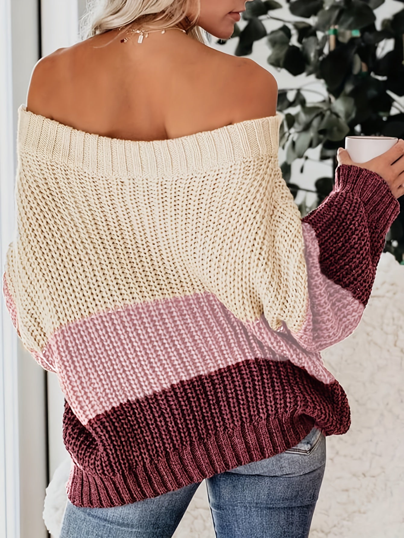Fall/Winter Chic: Off-Shoulder Color Block Knit Sweater - Casual, Comfy, and Stylish Long Sleeve Top