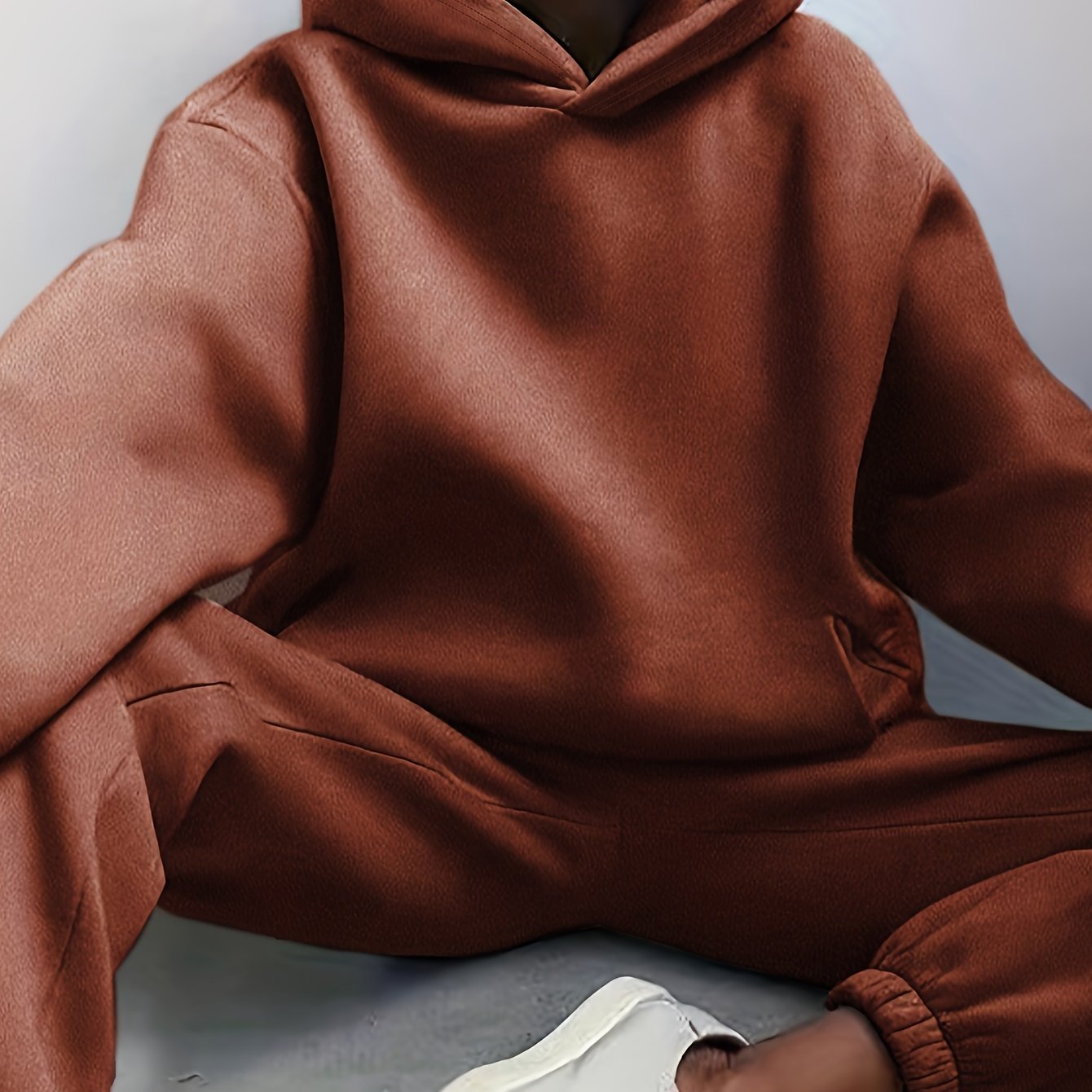 Two-Piece Hooded Set - Soft Polyester Knit Fabric, Drop Shoulder Long Sleeve Hoodie with Pocket, Elastic Waist Jogger Pants for Women, Casual Solid Color Outfit for Fall and Winter Seasons