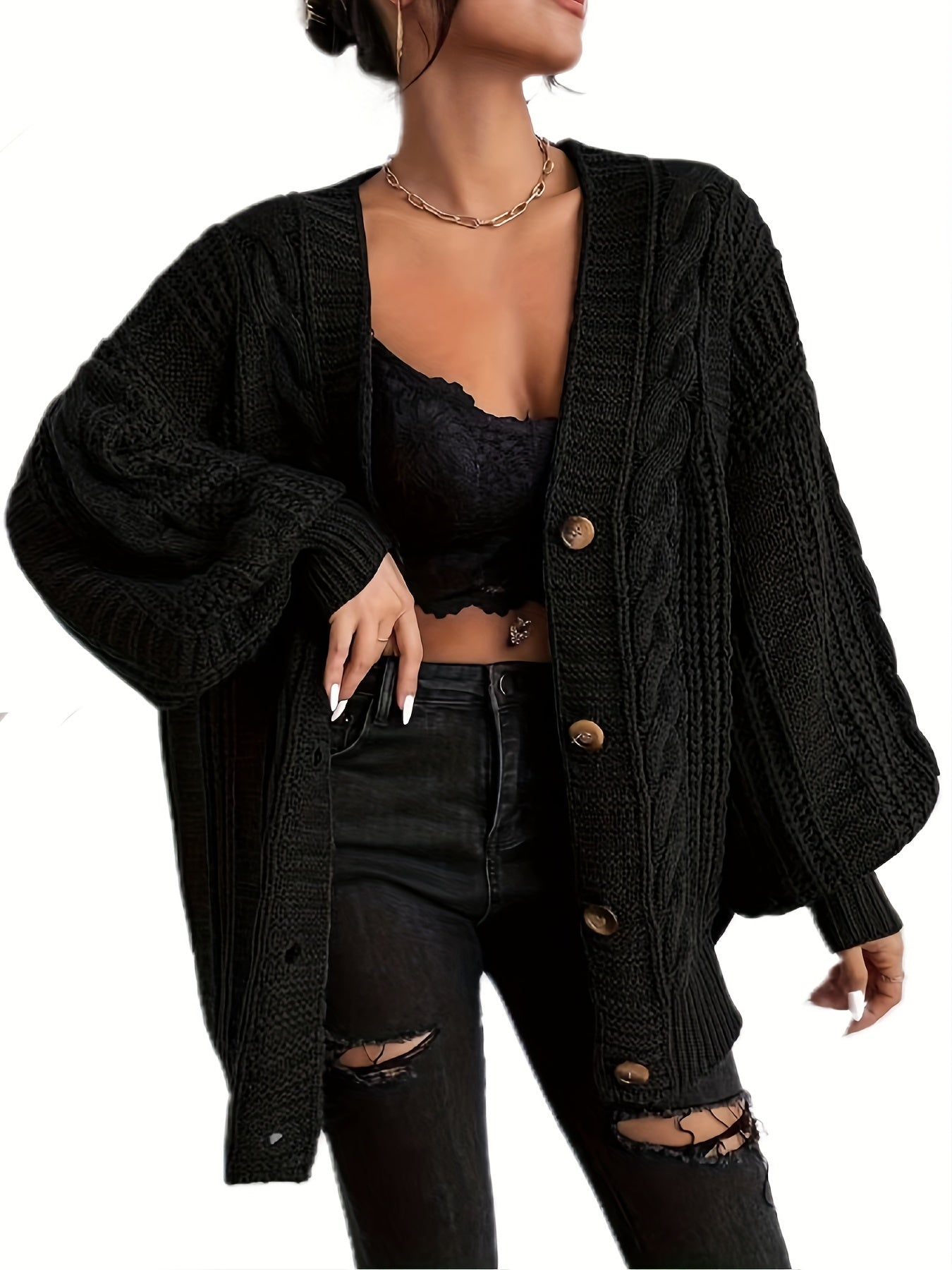 [Long Solid Color French Cardigan] Women'S Casual French Style Solid Color Knit Cardigan, Polyester 100%, Deep V Neck, Long Length, Loose Fit, Button Front, Fall/Winter Knit Fabric Outerwear
