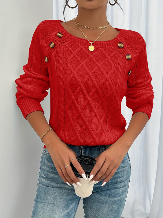 [Cozy Sweater] Cozy Rich Red Women's Cable-Button-Front Sweater | Square Neck Lantern Sleeves Medium Stretch Top for Fall Winter Layering - Textured Knitwear, Comfortable Fit