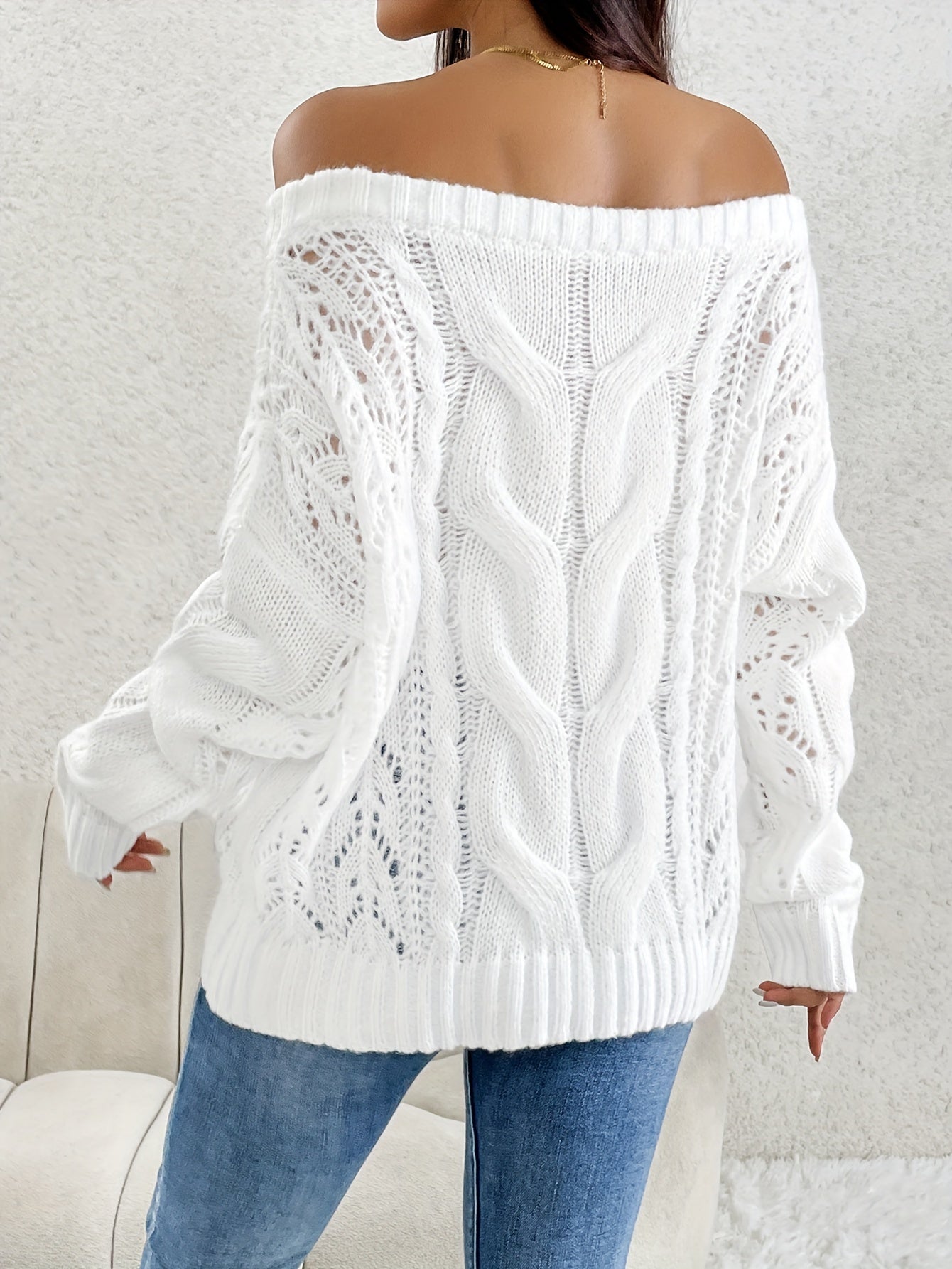 Elegant Off-Shoulder Cable Knit Sweater - Chic Long Sleeve, Loose Fit in Pink, Semi-Sheer Polyester - Perfect for Fall/Winter