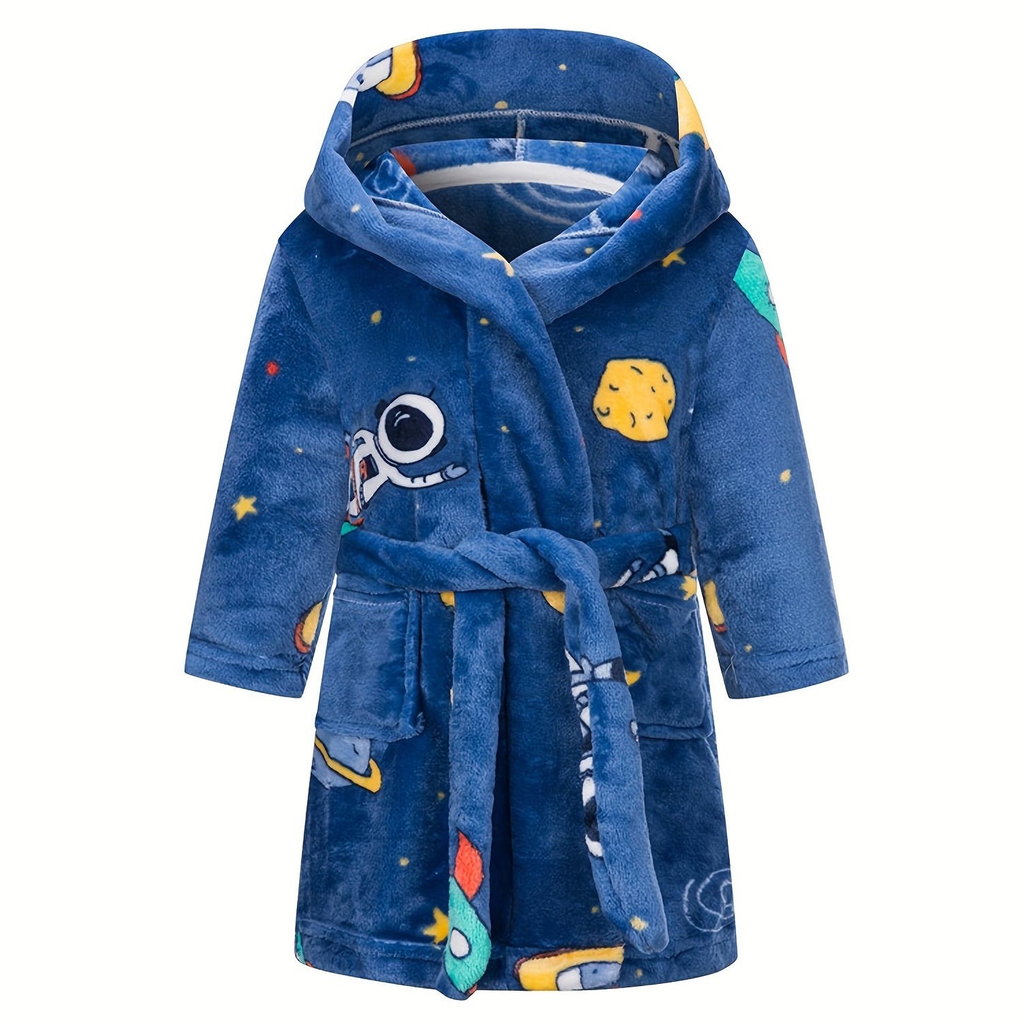 Boys Astronaut Planet Print Flannel Bathrobe, Soft Hoodie Sleepwear for Kids