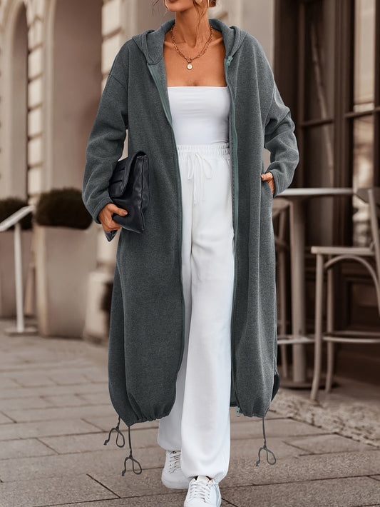 'S Popular Women'S Fashion for Autumn And Winter Features a Stylish, Casual, Solid-Colored, Thick Long Coat with a Zip-Up Hoodie.