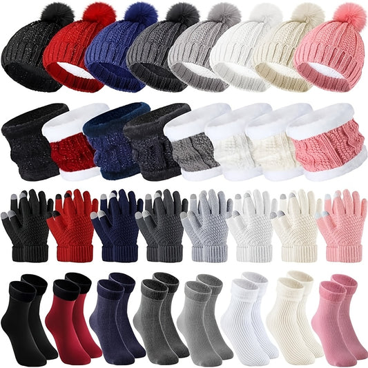 32pcs Winter Women Hat Scarf Gloves Sets Warm Fleece Lined Knit Ladies Cap Neck Scarf Touch Screen Gloves with Socks, Hat Scarf Gloves Sets