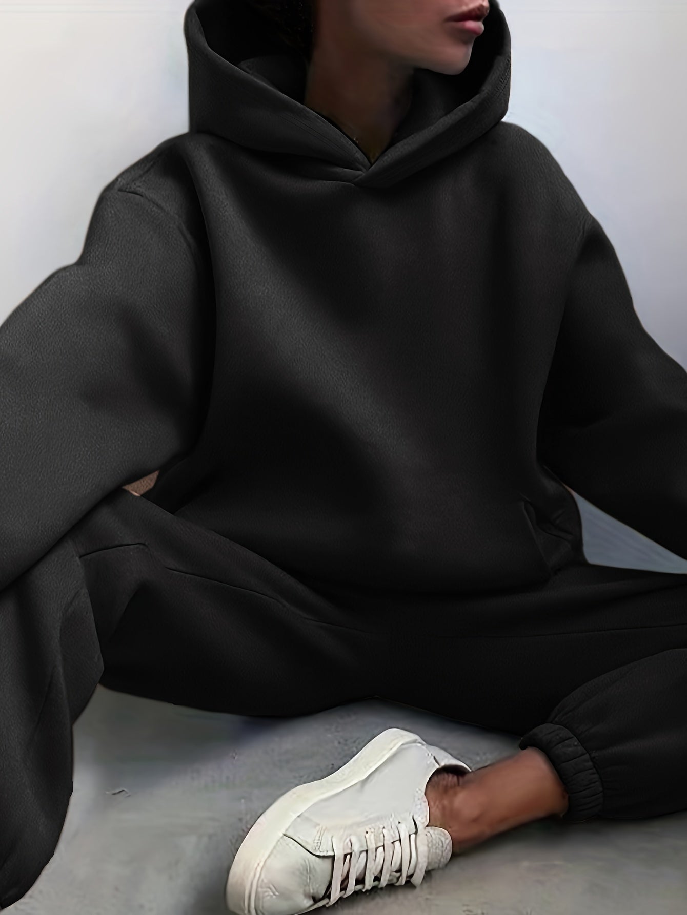 Two-Piece Hooded Set - Soft Polyester Knit Fabric, Drop Shoulder Long Sleeve Hoodie with Pocket, Elastic Waist Jogger Pants for Women, Casual Solid Color Outfit for Fall and Winter Seasons