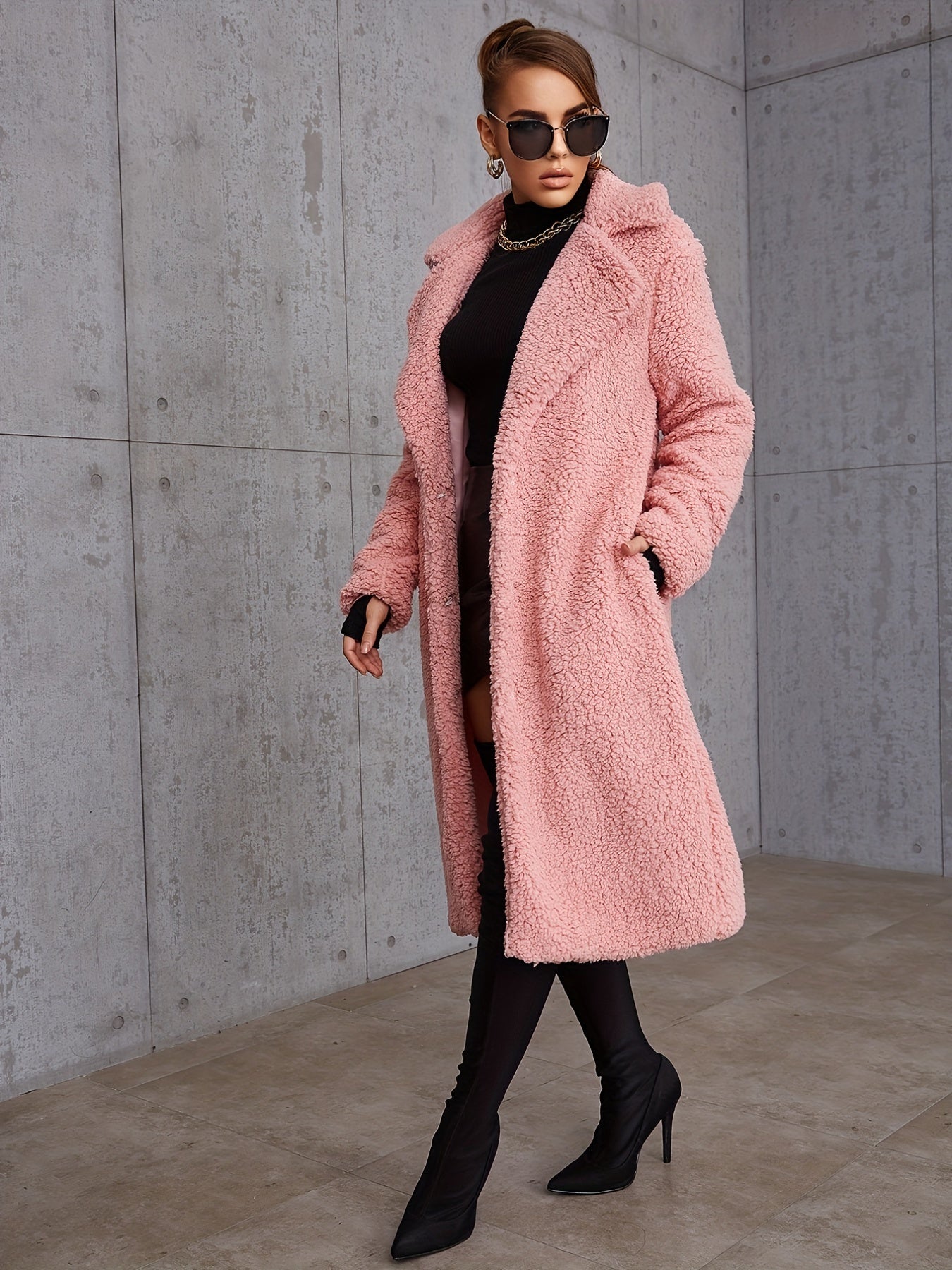 Women's Plush Winter Coat with Elegant Lapel Neck and Long Sleeves