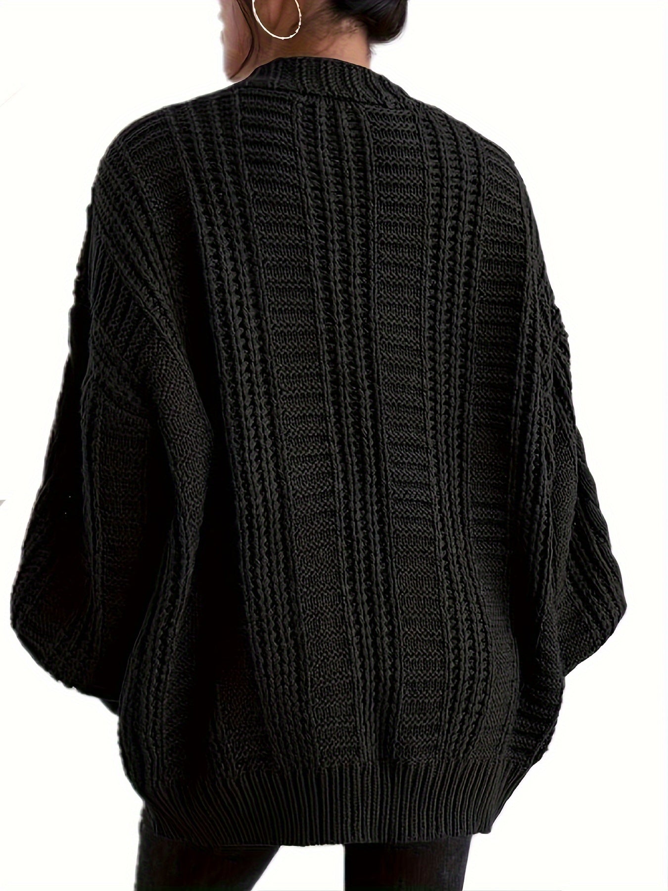 [Long Solid Color French Cardigan] Women'S Casual French Style Solid Color Knit Cardigan, Polyester 100%, Deep V Neck, Long Length, Loose Fit, Button Front, Fall/Winter Knit Fabric Outerwear