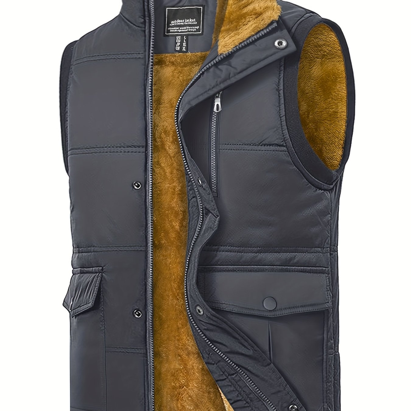 Men'S Windproof Vest with Fleece Lining - Soft, Warm, and, Multiple Pockets, Zippered Chest Pocket, Flap Button Side Pockets, One Inner Pocket, Windbreaker + Stand Collar Design for Outdoor Casual Wear, Winter Vest, H Stand C