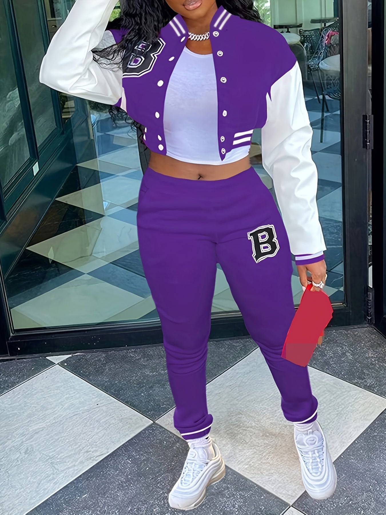 Chic, Women's Casual Letter Print Baseball Jacket and Pants Set - Red and White, Polyester Blend, Machine Washable, Fall/Winter Fashion Ensemble