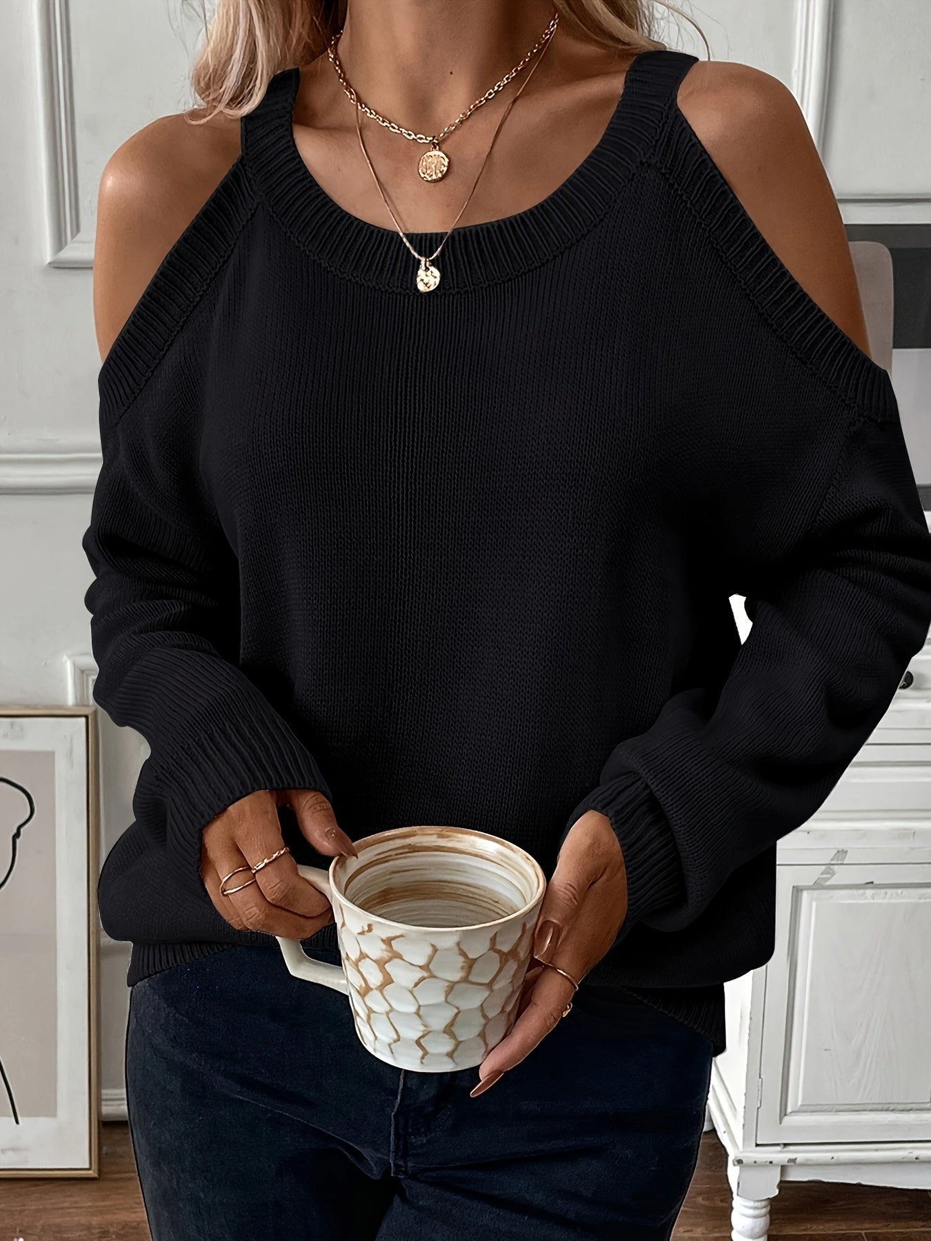 1pc Women'S Knit Pullover Sweater, Round Neck, Shoulder Detail, Solid Color, Acrylic Blend, 277g/m² Fabric Weight, for Autumn/Winter Season