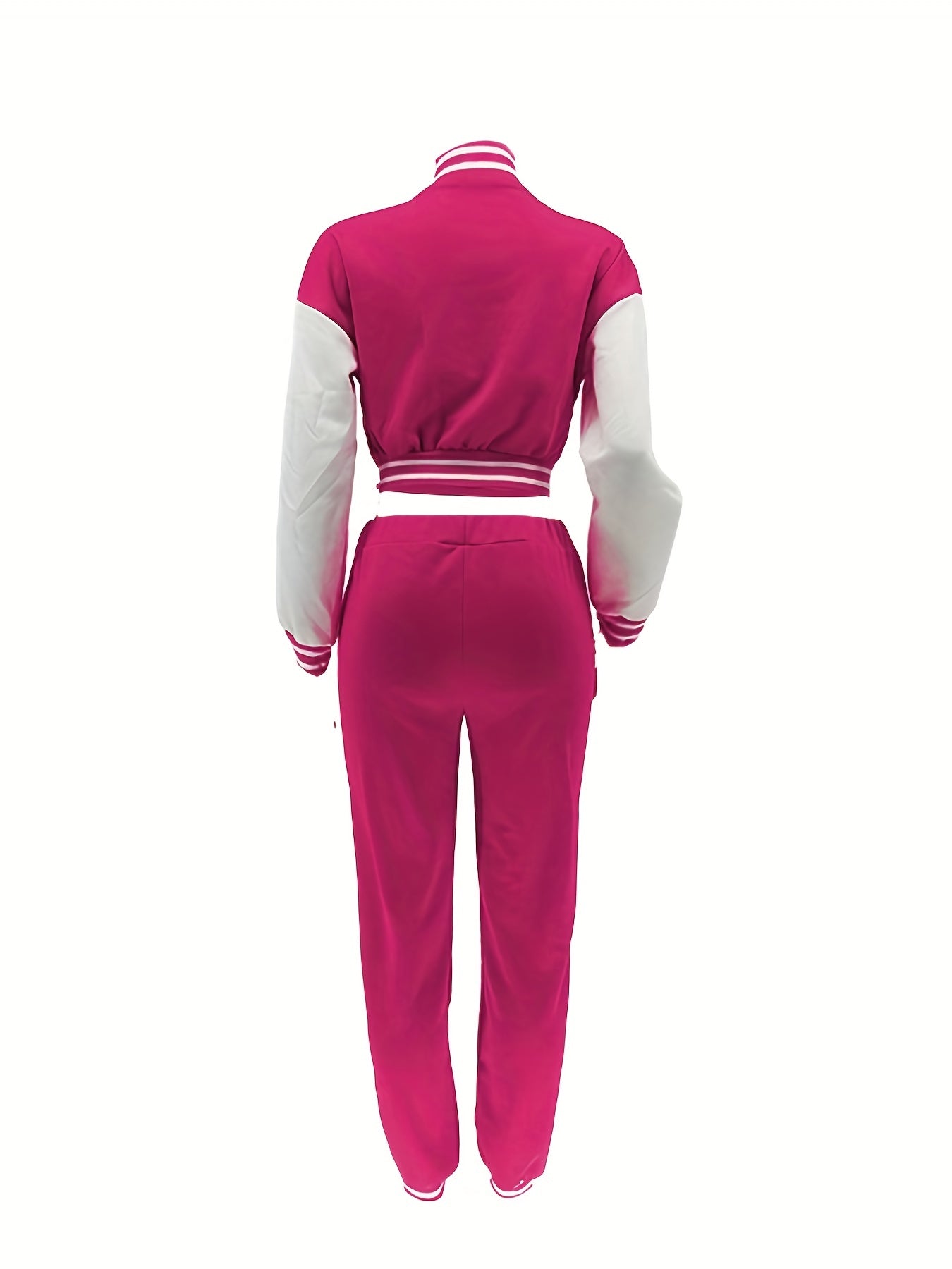 Chic, Women's Casual Letter Print Baseball Jacket and Pants Set - Red and White, Polyester Blend, Machine Washable, Fall/Winter Fashion Ensemble
