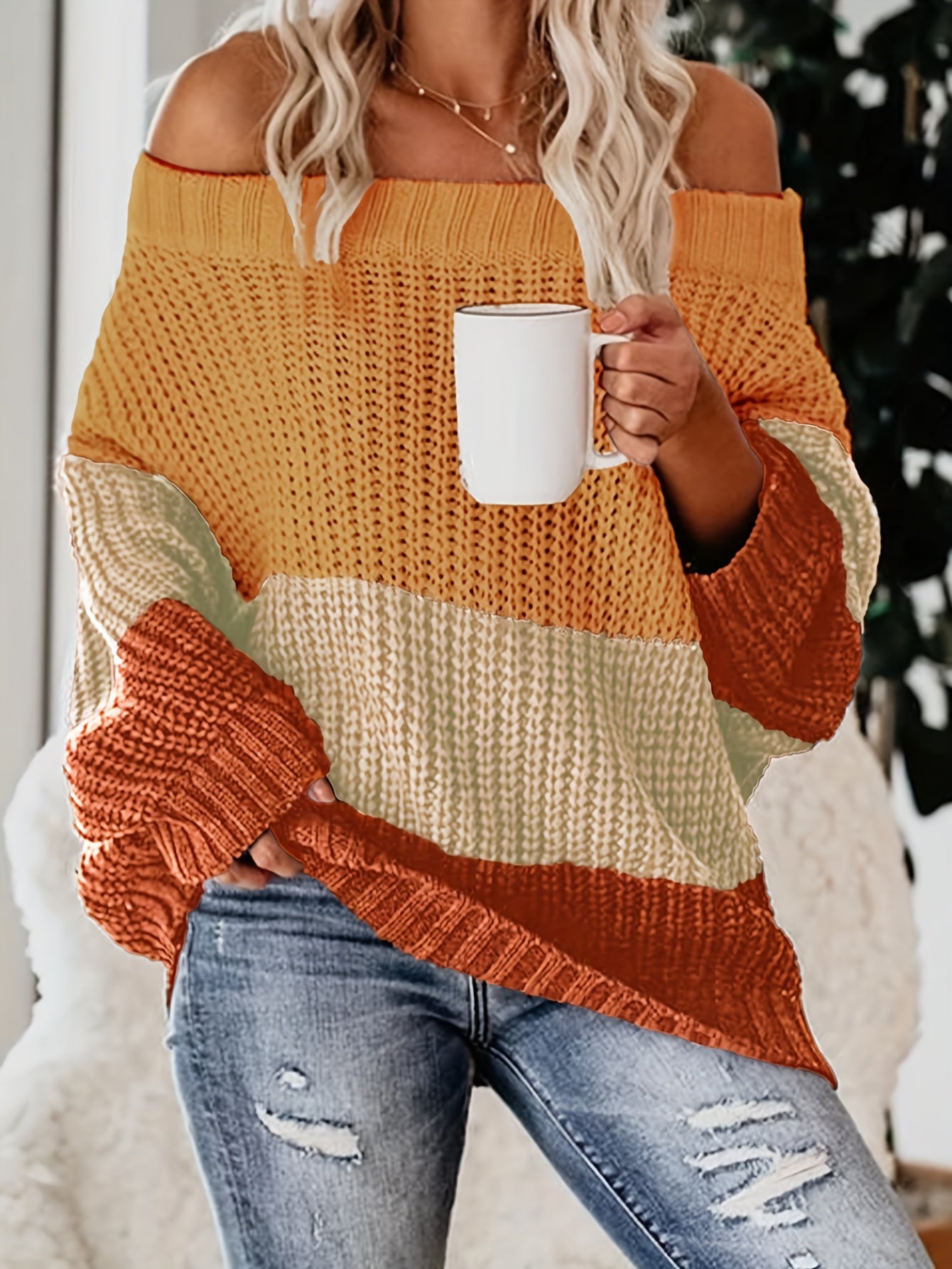 Fall/Winter Chic: Off-Shoulder Color Block Knit Sweater - Casual, Comfy, and Stylish Long Sleeve Top
