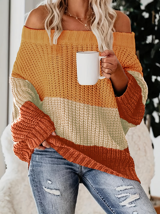 Fall/Winter Chic: Off-Shoulder Color Block Knit Sweater - Casual, Comfy, and Stylish Long Sleeve Top