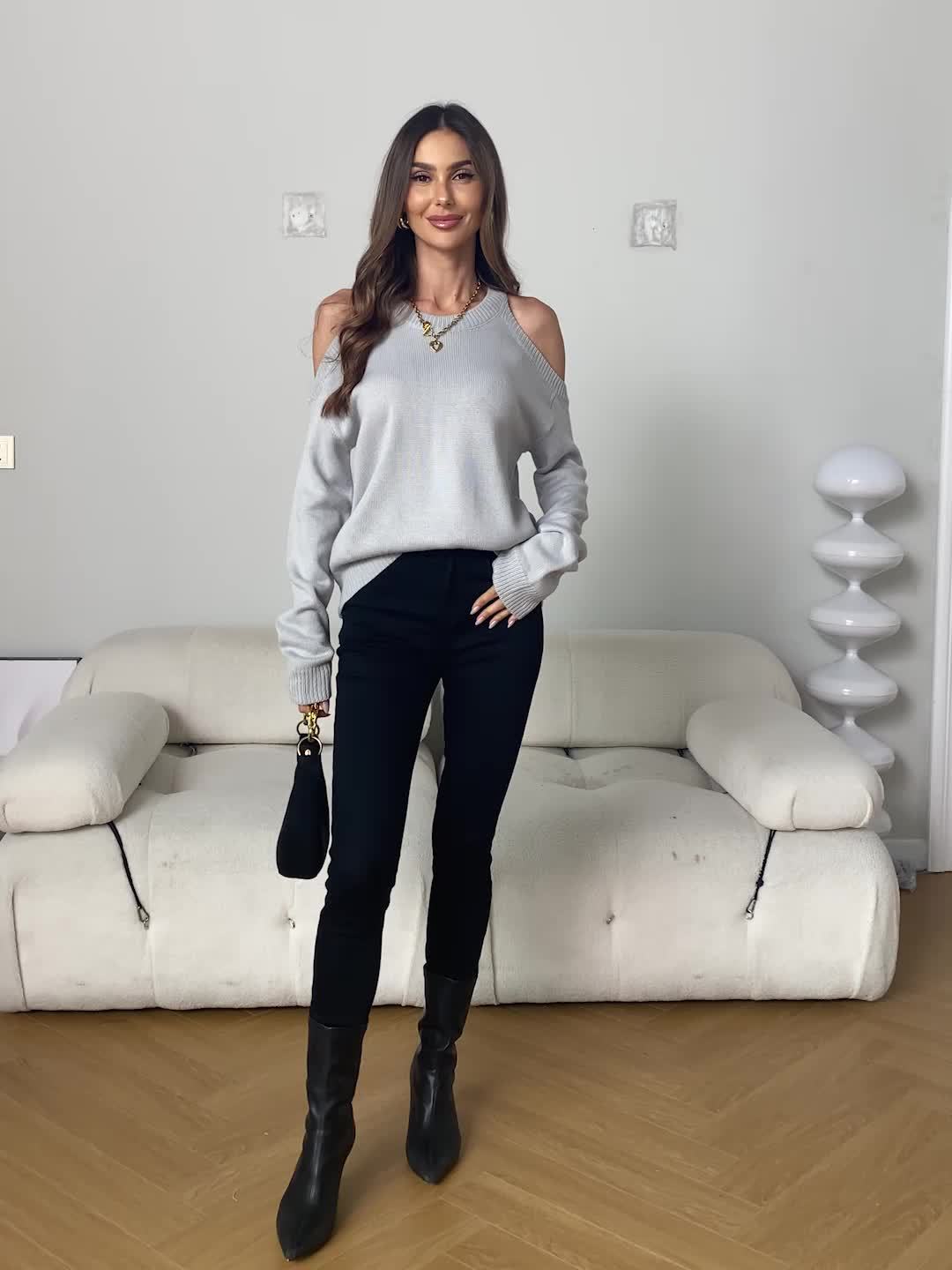 1pc Women'S Knit Pullover Sweater, Round Neck, Shoulder Detail, Solid Color, Acrylic Blend, 277g/m² Fabric Weight, for Autumn/Winter Season