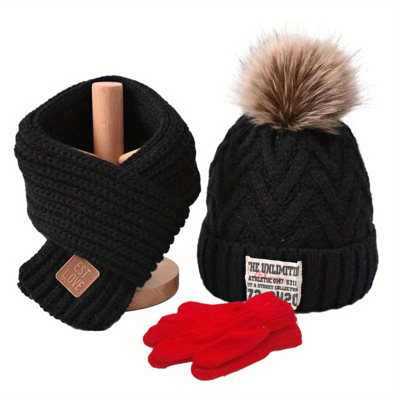 3pcs set of Youngsters's knitted beanie, scarf and gloves with extra fleece for warmth, suitable for autumn and winter seasons