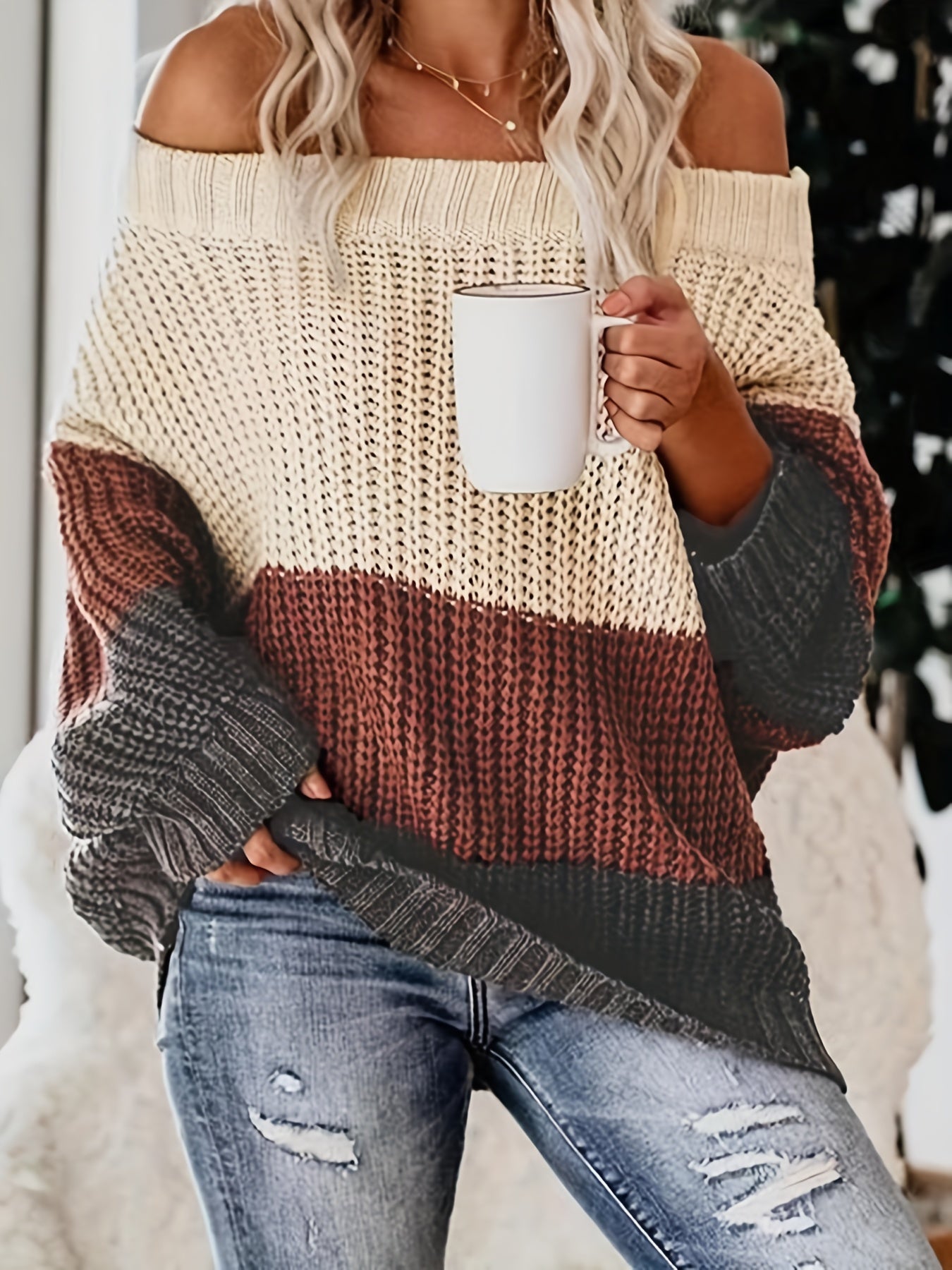 Fall/Winter Chic: Off-Shoulder Color Block Knit Sweater - Casual, Comfy, and Stylish Long Sleeve Top
