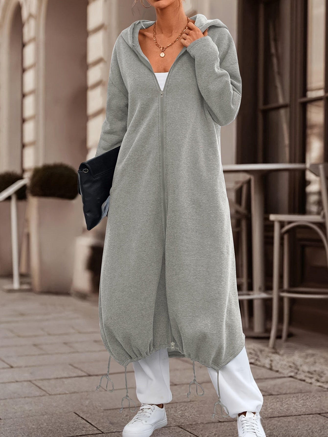 'S Popular Women'S Fashion for Autumn And Winter Features a Stylish, Casual, Solid-Colored, Thick Long Coat with a Zip-Up Hoodie.