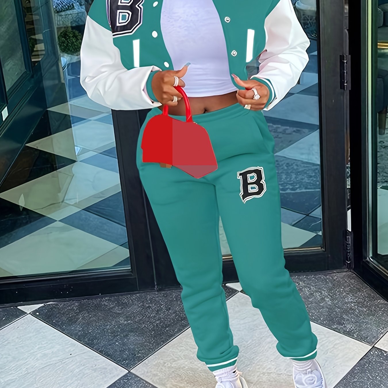 Chic, Women's Casual Letter Print Baseball Jacket and Pants Set - Red and White, Polyester Blend, Machine Washable, Fall/Winter Fashion Ensemble