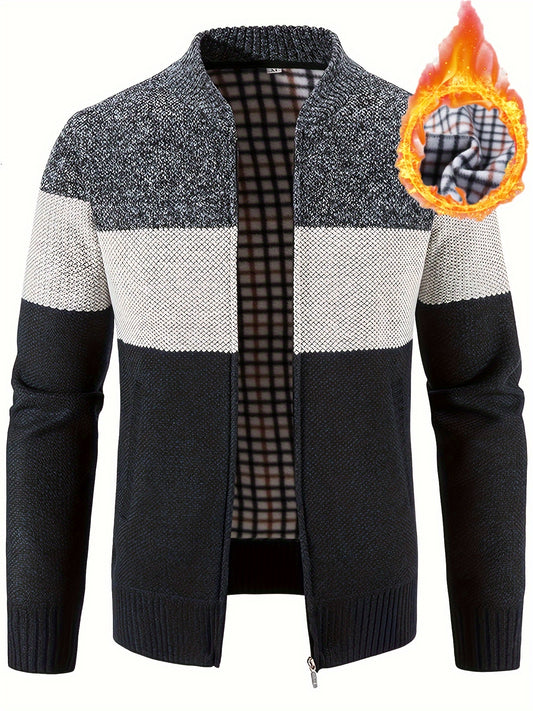 Men'S Casual High Neck Fleece Jacket, Color Block Knit Polyester Cardigan, Mid Stretch Zip-Up Fall/Winter Outerwear, Regular Fit with Placket Closure, Thick