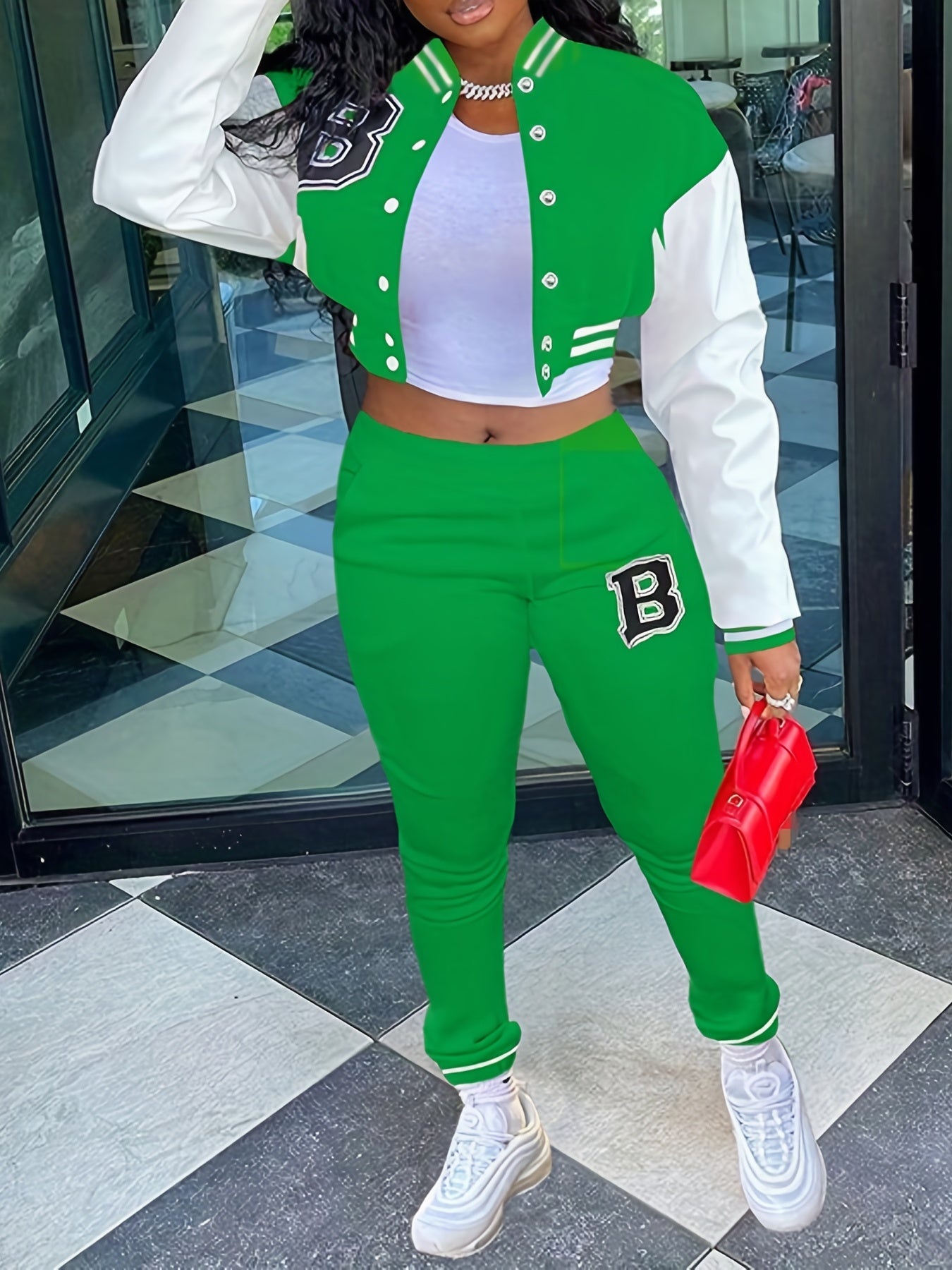 Chic, Women's Casual Letter Print Baseball Jacket and Pants Set - Red and White, Polyester Blend, Machine Washable, Fall/Winter Fashion Ensemble